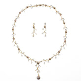 Elegant Pearl and Marquise Cut Gemstone Necklace and Earrings Set in White Gold and 18K Gold