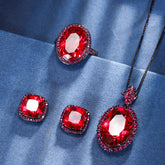 Black Gold-Plated Copper Halo Design Jewelry Set with Oval & Cushion-Cut Simulated Sapphires and Rubies