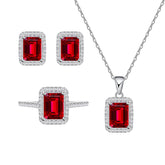 Luxury Bridal Jewelry Set with Emerald Cut Simulated Ruby in 925 Sterling Silver with White Gold Plating