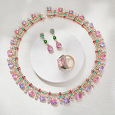 Elegant Simulated Emerald-Cut Pink Diamond Jewelry Set in Rose Gold-Plated Copper