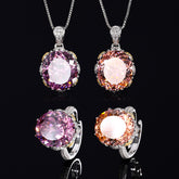 Oval-Cut Simulated Padparadscha Jewelry Set in White Gold-Plated Copper with Elegant Accent
