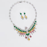 Peacock-Inspired Necklace and Earrings Set with Multi-Color Simulated Diamonds in White Gold