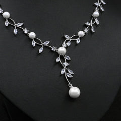 Elegant Pearl and Marquise Cut Gemstone Necklace and Earrings Set in White Gold and 18K Gold