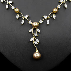 Elegant Pearl and Marquise Cut Gemstone Necklace and Earrings Set in White Gold and 18K Gold