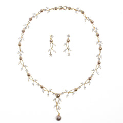 Elegant Pearl and Marquise Cut Gemstone Necklace and Earrings Set in White Gold and 18K Gold