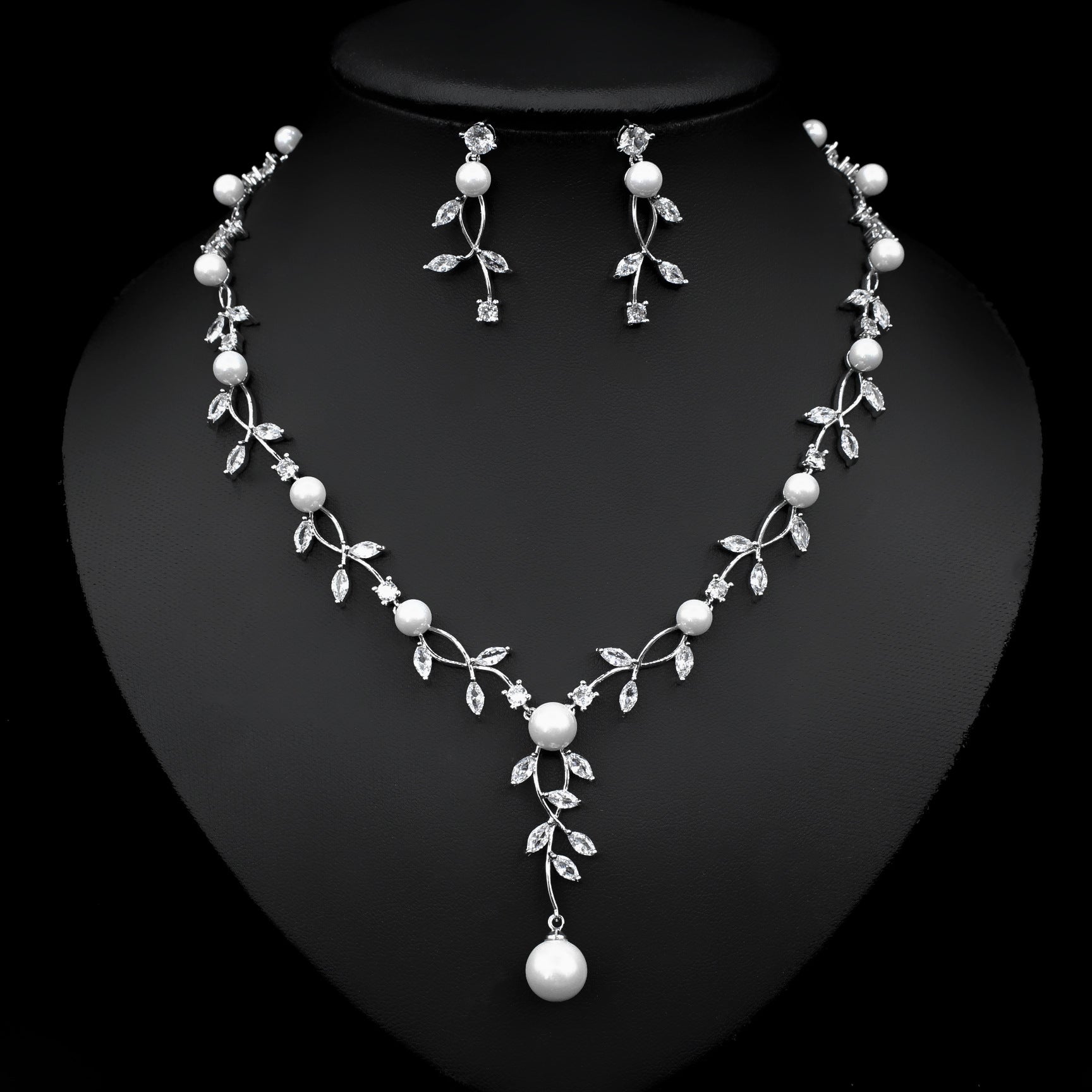 Elegant Pearl and Marquise Cut Gemstone Necklace and Earrings Set in White Gold and 18K Gold