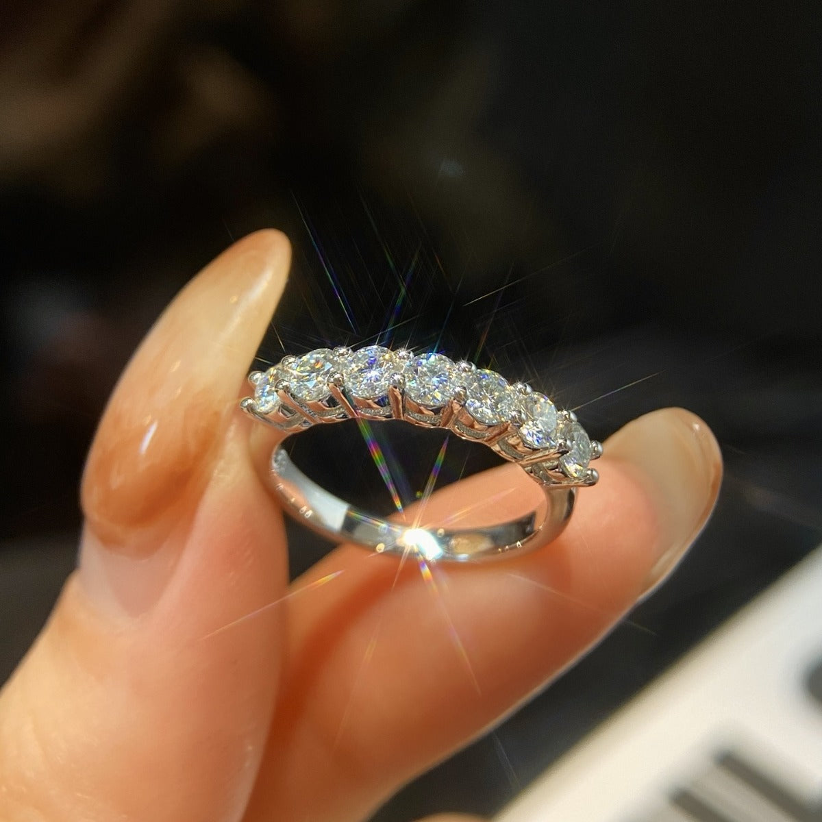 Seven-Stone Moissanite Wedding Band in Sterling Silver with GRA Certificate