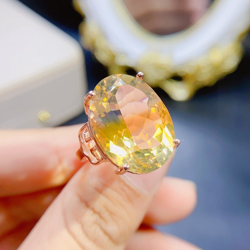 Fashionable Large Yellow Citrine Engagement Ring in Sterling Silver with White Gold