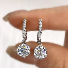 Moissanite Classic Six-Prong Drop Earrings in Sterling Silver with White Gold Plating with GRA Certificate