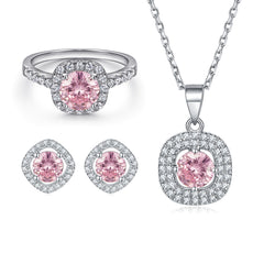 Elegant 3-Piece Sterling Silver Jewelry Set with Round Simulated Diamonds and Halo Design-Rose Quartz