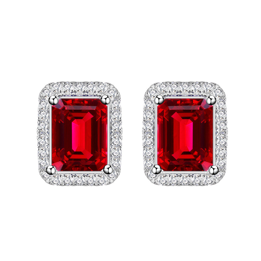 Luxury Bridal Jewelry Set with Emerald Cut Simulated Ruby in 925 Sterling Silver with White Gold Plating