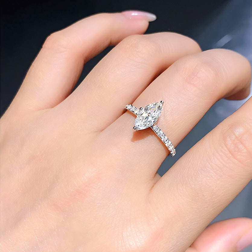 1.0 Carat Marquise Moissanite Solitaire Engagement Ring in Sterling Silver with Accents