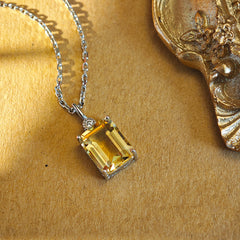 Citrine Emerald Cut Pendant Necklace in Sterling Silver with Silver Plating