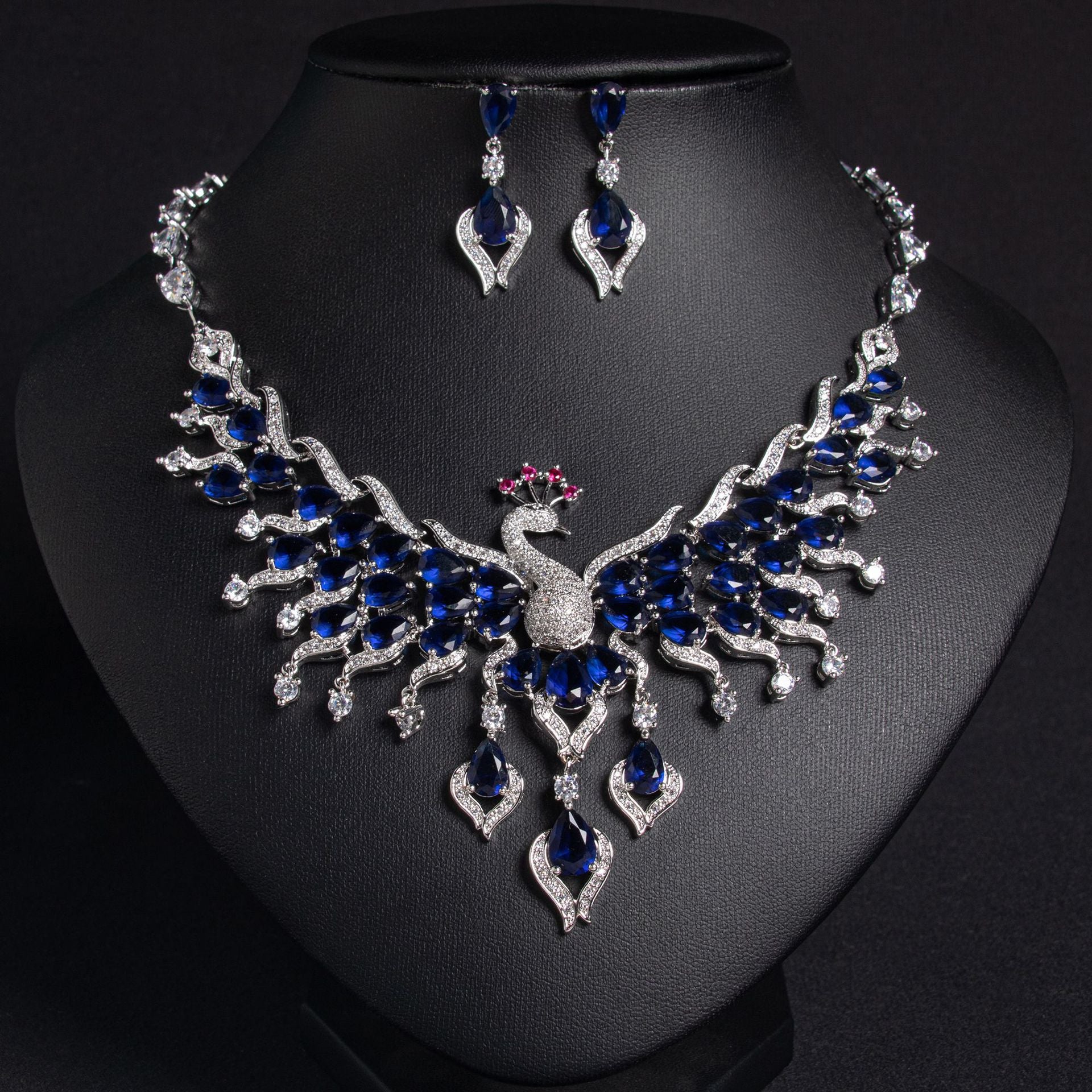 Peacock-Inspired Necklace and Earrings Set with Multi-Color Simulated Diamonds in White Gold
