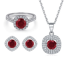 Elegant 3-Piece Sterling Silver Jewelry Set with Round Simulated Diamonds and Halo Design-Ruby