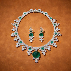 Emerald Necklace and Drop Earrings Set with Oval Simulated Gemstones in White Gold-Plated Copper