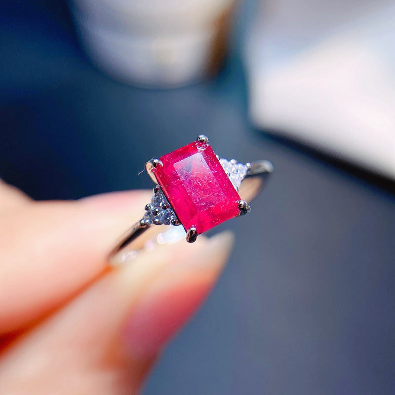 Ruby Emerald Cut Engagement Ring in Sterling Silver with White Gold Plating