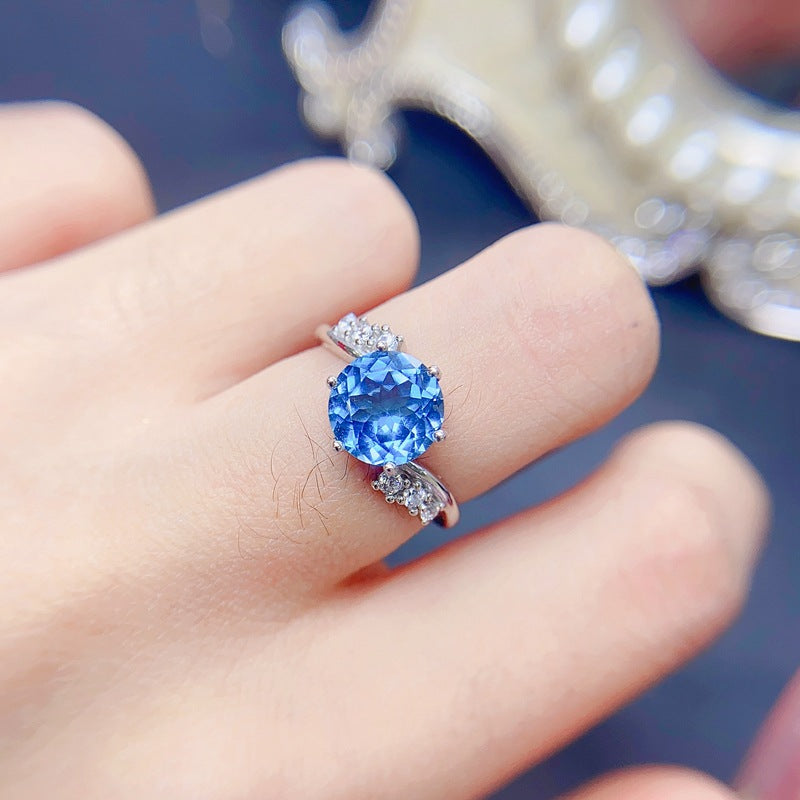 London Blue Topaz Round Cut Engagement Ring in Sterling Silver with White Gold Plating