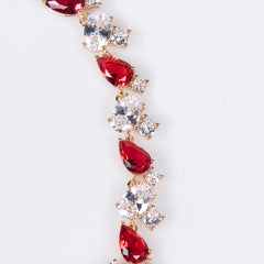 Elegant Red and Colorless Simulated Diamond Necklace and Earrings Set in White Gold and 18K Gold