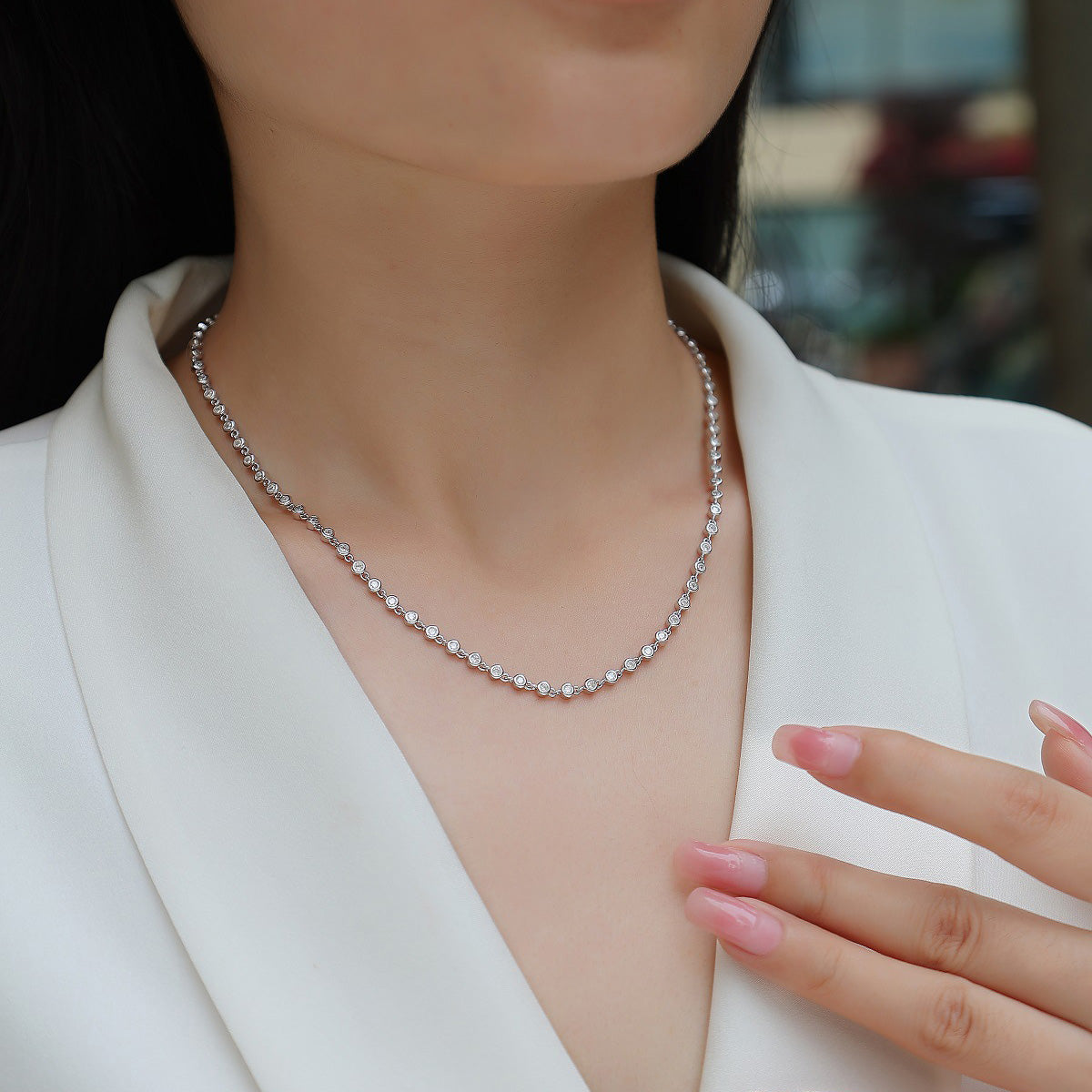 Moissanite Tennis Necklace in Sterling Silver with White Gold Plating with GRA Certificate