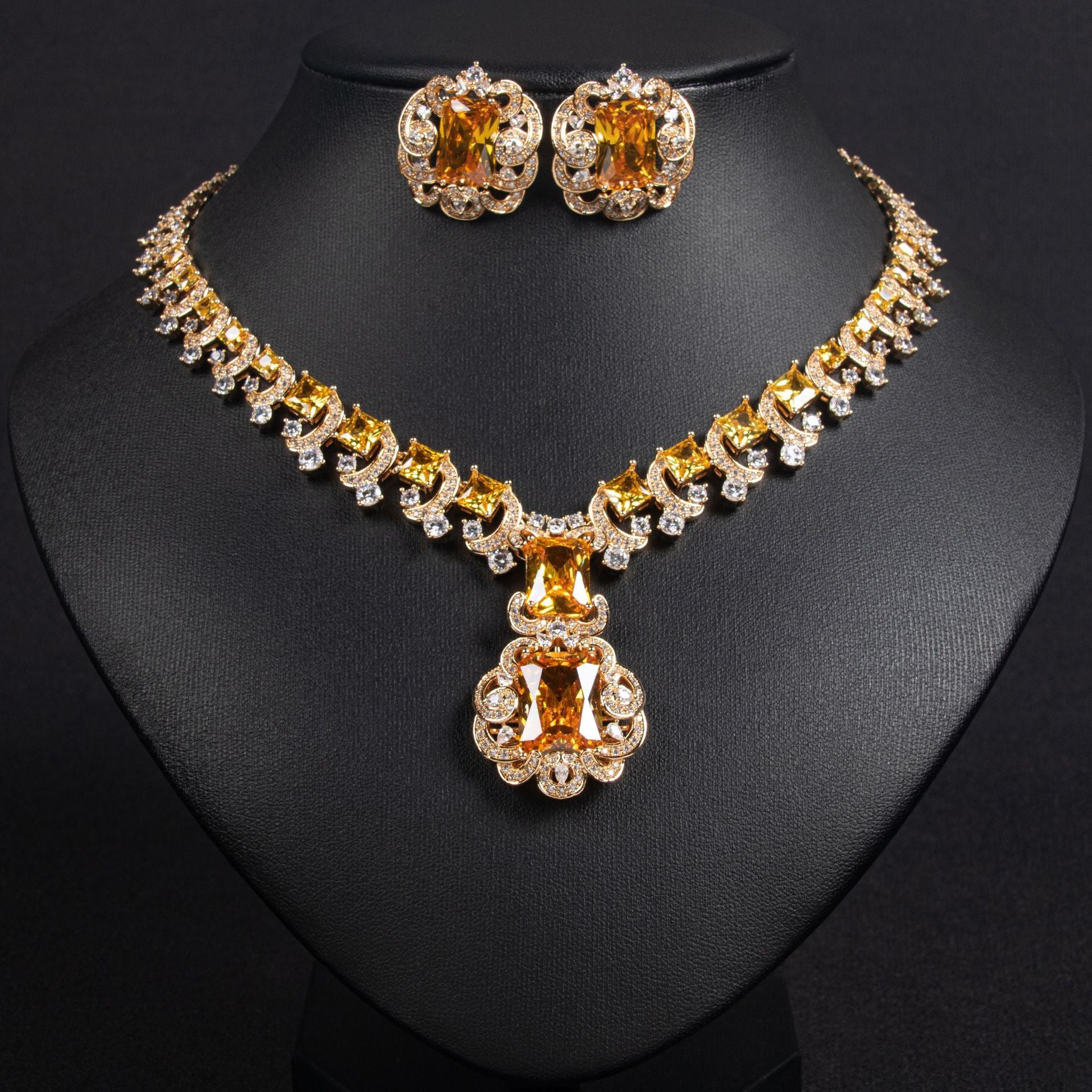 Vintage Simulated Diamond Necklace and Earrings Set in White and Rose Gold