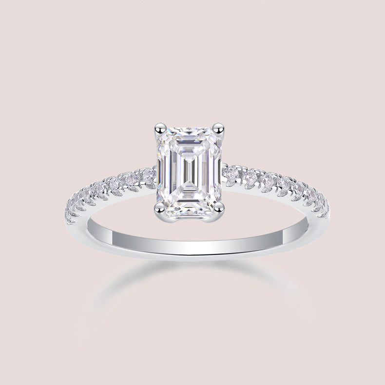 Emerald Cut Moissanite Halo Engagement Ring in White Gold-Plated Sterling Silver with GRA Certificate