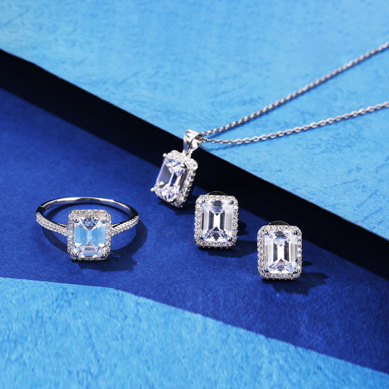 Luxury Bridal Jewelry Set with Radiant Cut Simulated Diamonds in 925 Sterling Silver with White Gold Plating