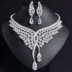 Luxury Wing Design Necklace and Earrings Set with Pear-Cut Simulated Diamonds