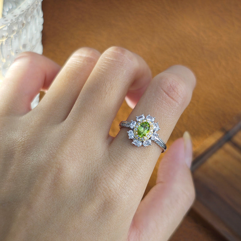 Peridot Oval Cut Engagement Ring in Sterling Silver with White Gold Plating