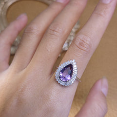 Amethyst Pear Cut Engagement Ring with Halo Design in Sterling Silver and Platinum Plating