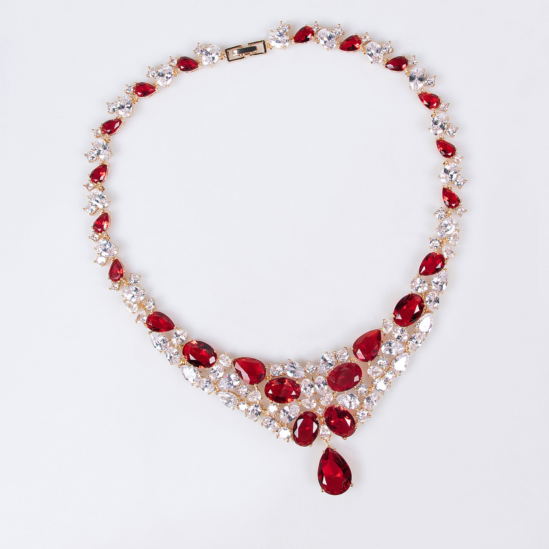 Elegant Red and Colorless Simulated Diamond Necklace and Earrings Set in White Gold and 18K Gold