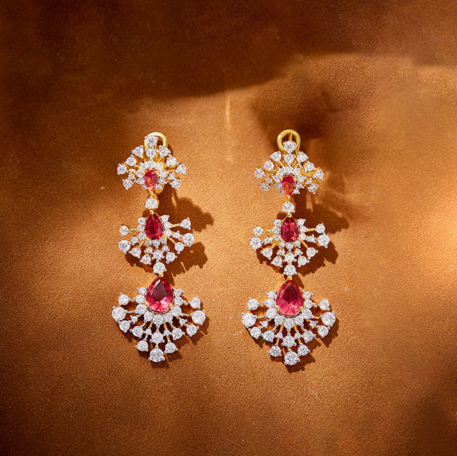 Simulated Ruby Pear-Cut Necklace and Earrings Set in 18K Gold-Plated Copper