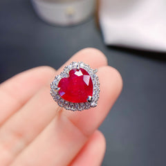 Ruby Heart Engagement Ring in Sterling Silver with Halo Design