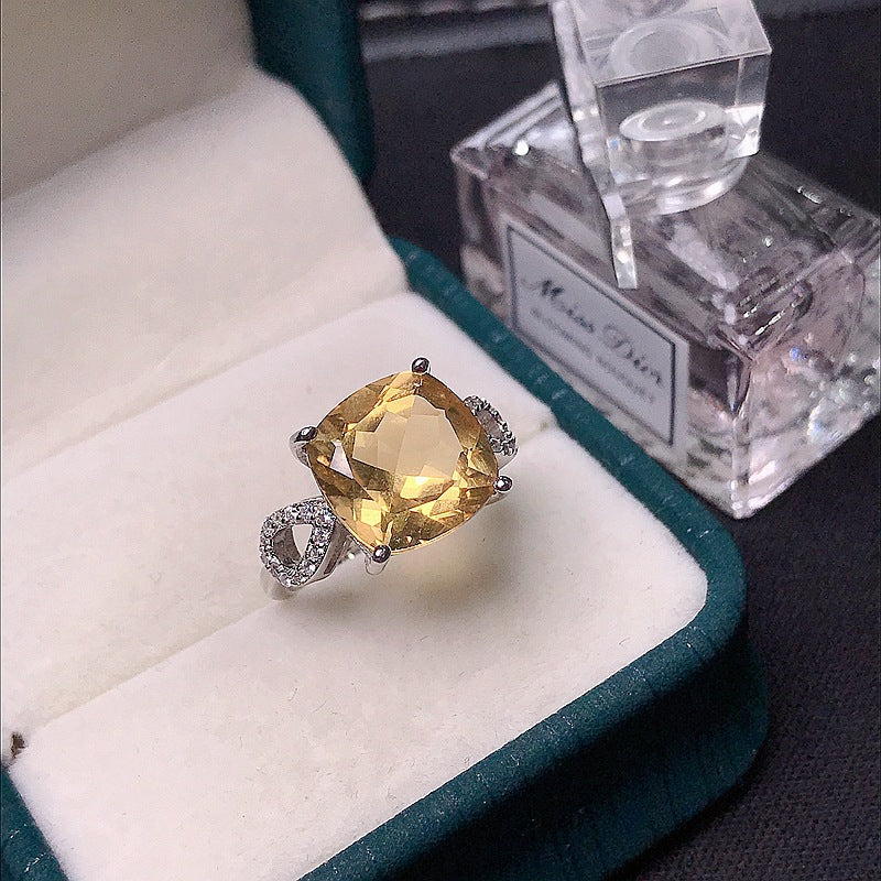 Natural Citrine Cushion Engagement Ring in Sterling Silver with White Gold Plating