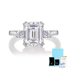 Three-Stone 3-Carat Emerald Cut Moissanite Engagement Ring in Sterling Silver with GRA Certificate