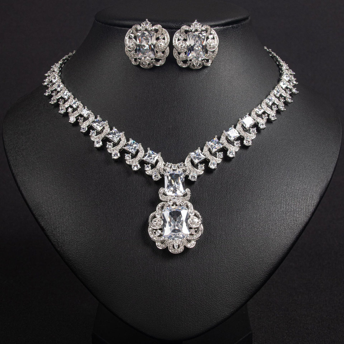 Vintage Simulated Diamond Necklace and Earrings Set in White and Rose Gold