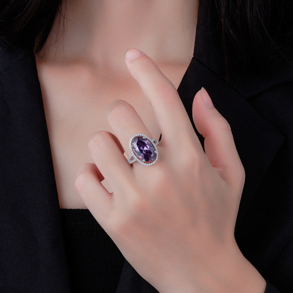 8-Carat Oval Cut Simulated Purple Diamond Engagement Ring with Halo Design