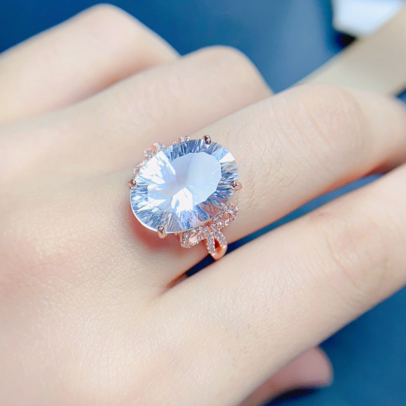 Clear Quartz Oval Cut Engagement Ring in Sterling Silver with White and Rose Gold Plating