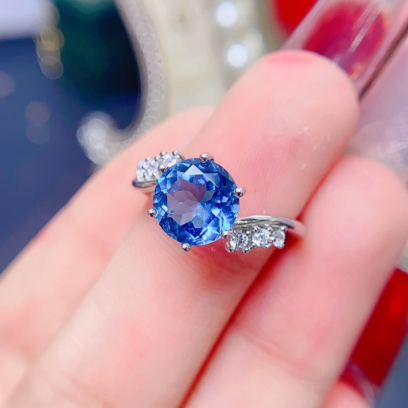 London Blue Topaz Round Cut Engagement Ring in Sterling Silver with White Gold Plating