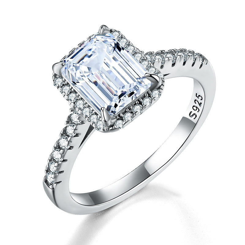 Emerald Cut 2-Carat Moissanite Halo Engagement Ring in White Gold-Plated Sterling Silver with GRA Certificate