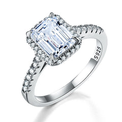 Emerald Cut 2-Carat Moissanite Halo Engagement Ring in White Gold-Plated Sterling Silver with GRA Certificate
