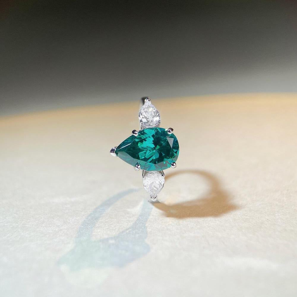 Three Stones 7.0-Carat Pear Cut Green and Colorless Simulated Diamond Engagement Ring