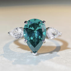 Three Stones 7.0-Carat Pear Cut Green and Colorless Simulated Diamond Engagement Ring