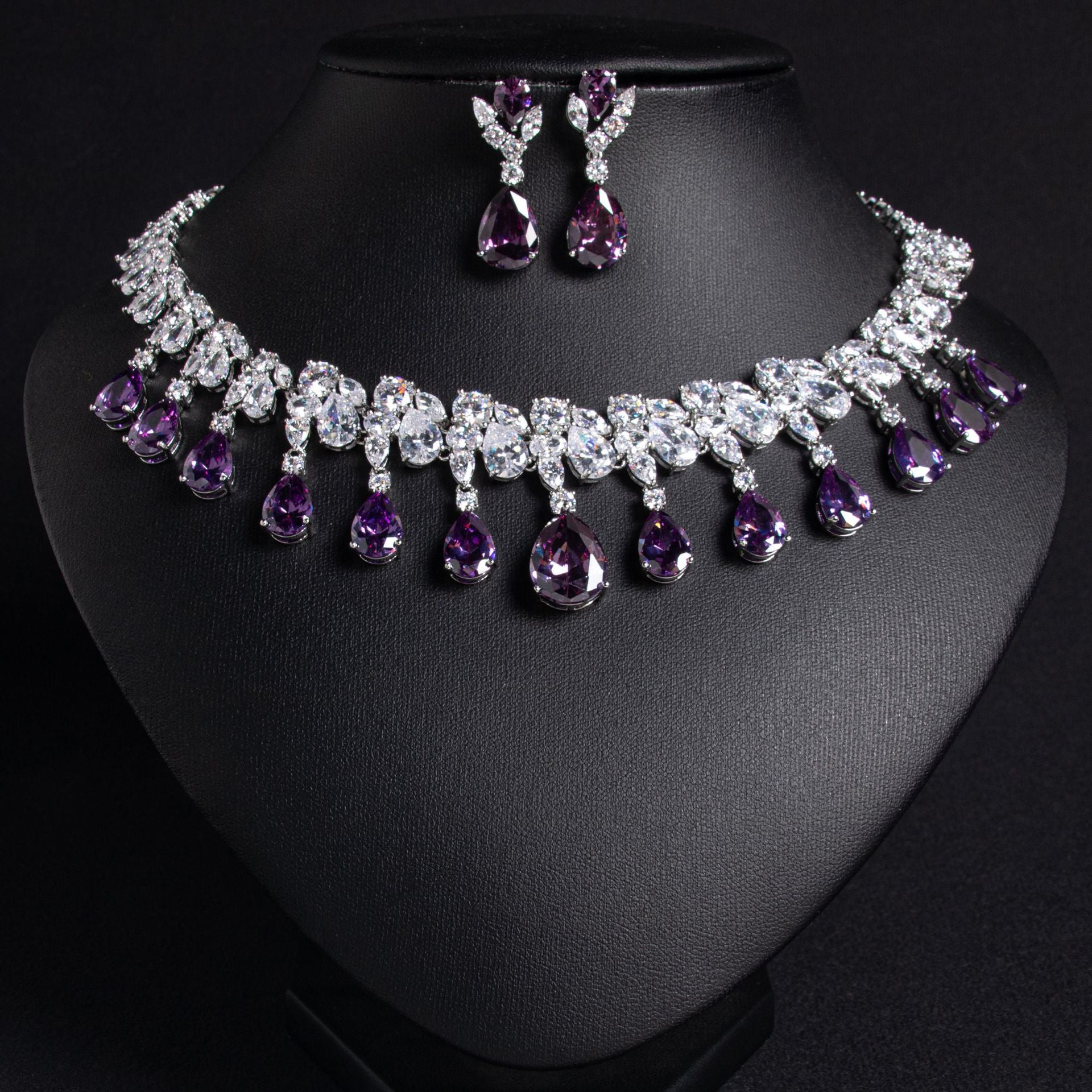 Multi-Color Pear Cut Simulated Diamond Necklace and Earrings Set in White Gold-Plated Copper