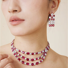 Three-Layer Rose Pink Necklace Set with Simulated Diamonds in White Gold-Plated Copper