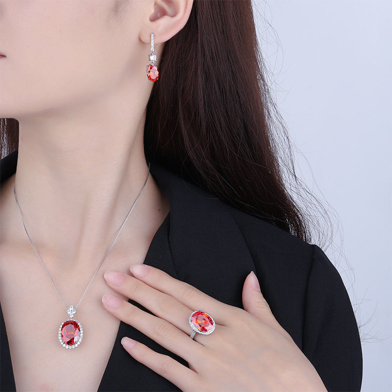 Simulated Gemstone Jewelry Set in White Gold-Plated Copper with Oval-Cut Stones
