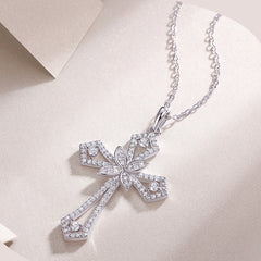 Moissanite Cross Pendant Necklace in Sterling Silver with White Gold Plating with GRA Certificate