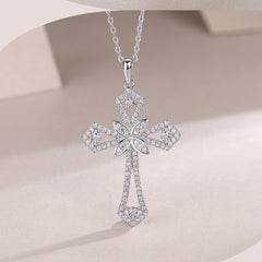 Moissanite Cross Pendant Necklace in Sterling Silver with White Gold Plating with GRA Certificate