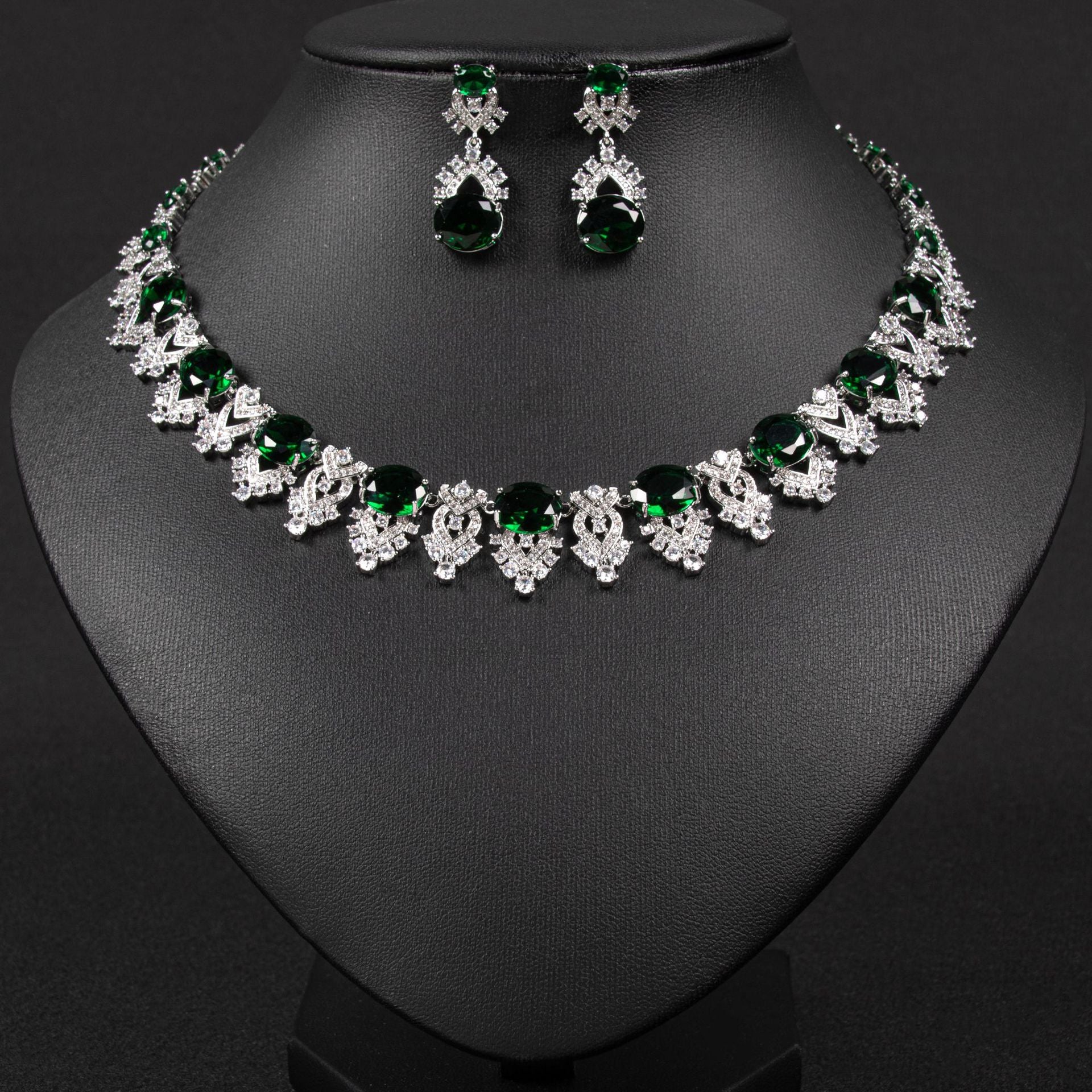 Luxury Bridal Necklace and Earrings Set with Oval Simulated Diamonds in White Gold Plating