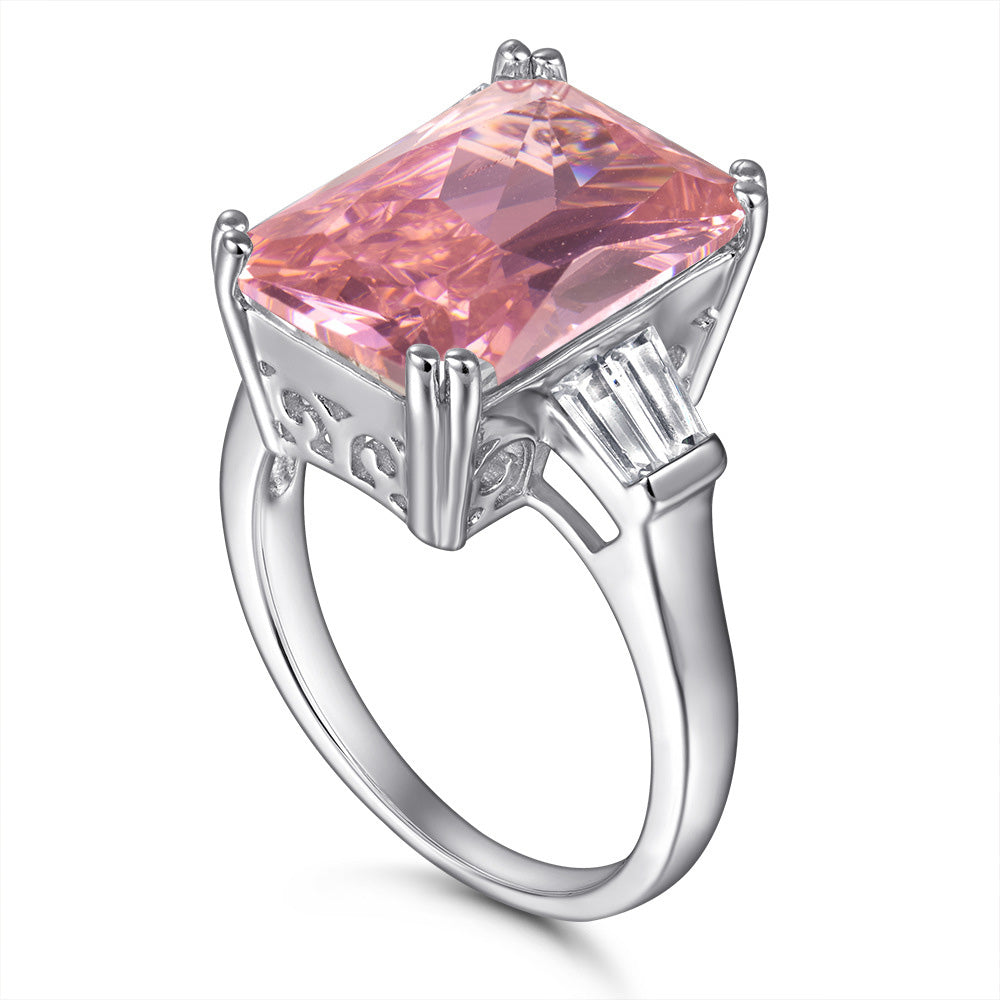 Three Stones 10.0-Carat Radiant Cut Pink and Colorless Simulated Diamond Engagement Ring